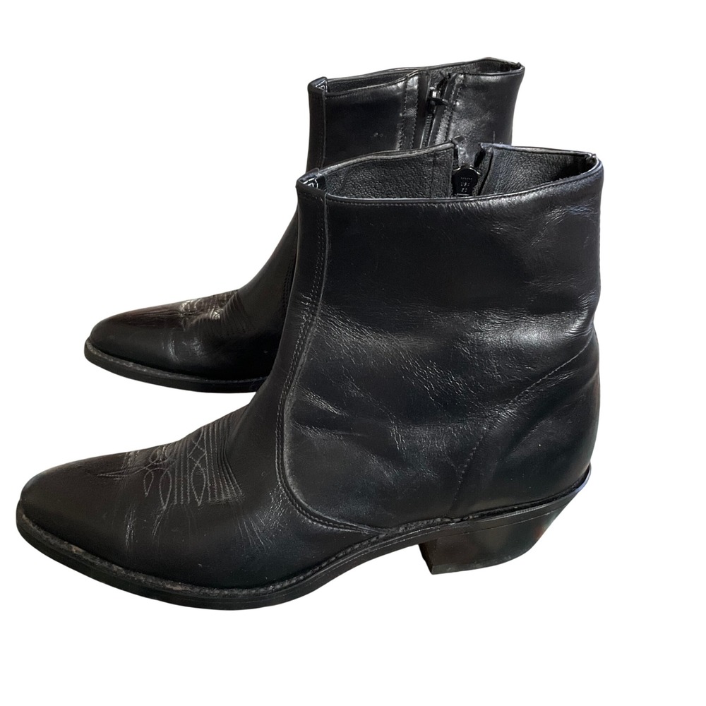 Vintage Black  Western Cowboy Ankle Boots Women 8.5D‎ Leather Zip Up USA Made